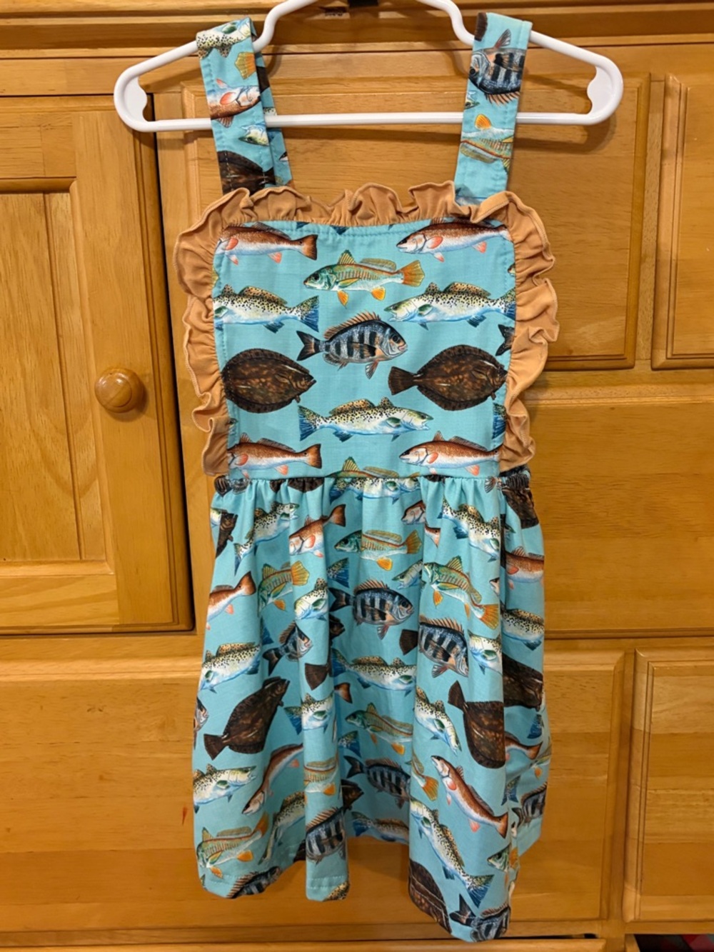 Jolie-Beau Girl's Blue-Green Dress/Jumper with Allover Fish Print Size 5/6